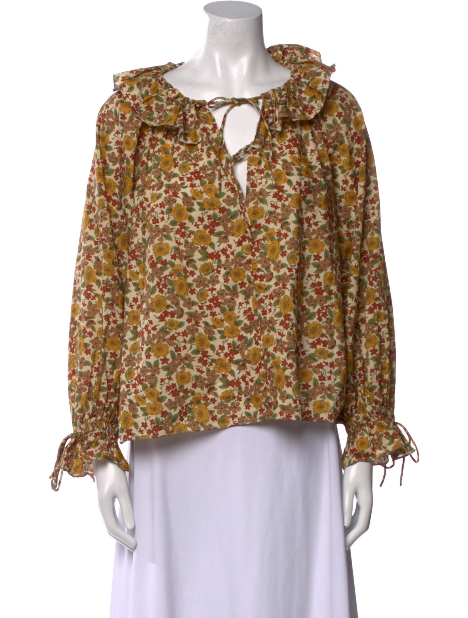 DÔEN Floral Print Tie Neck Blouse