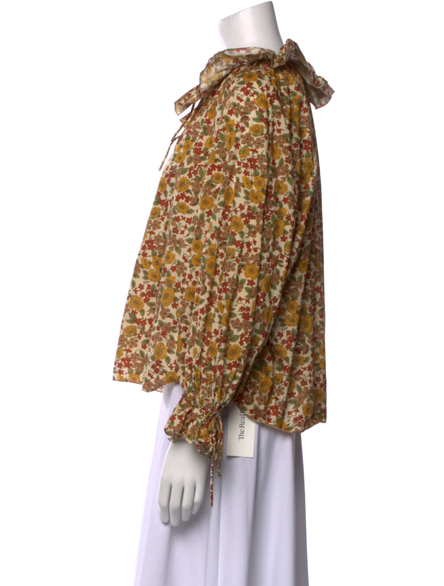 DÔEN Floral Print Tie Neck Blouse