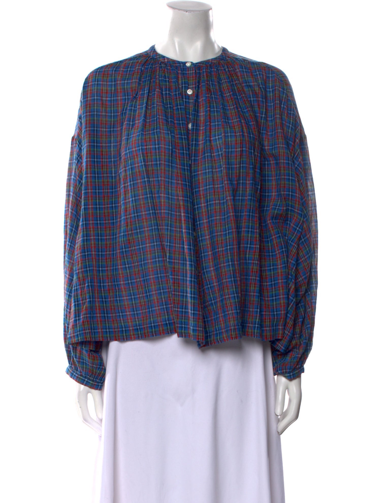 DÔEN Plaid Print Crew Neck Button-Up Top