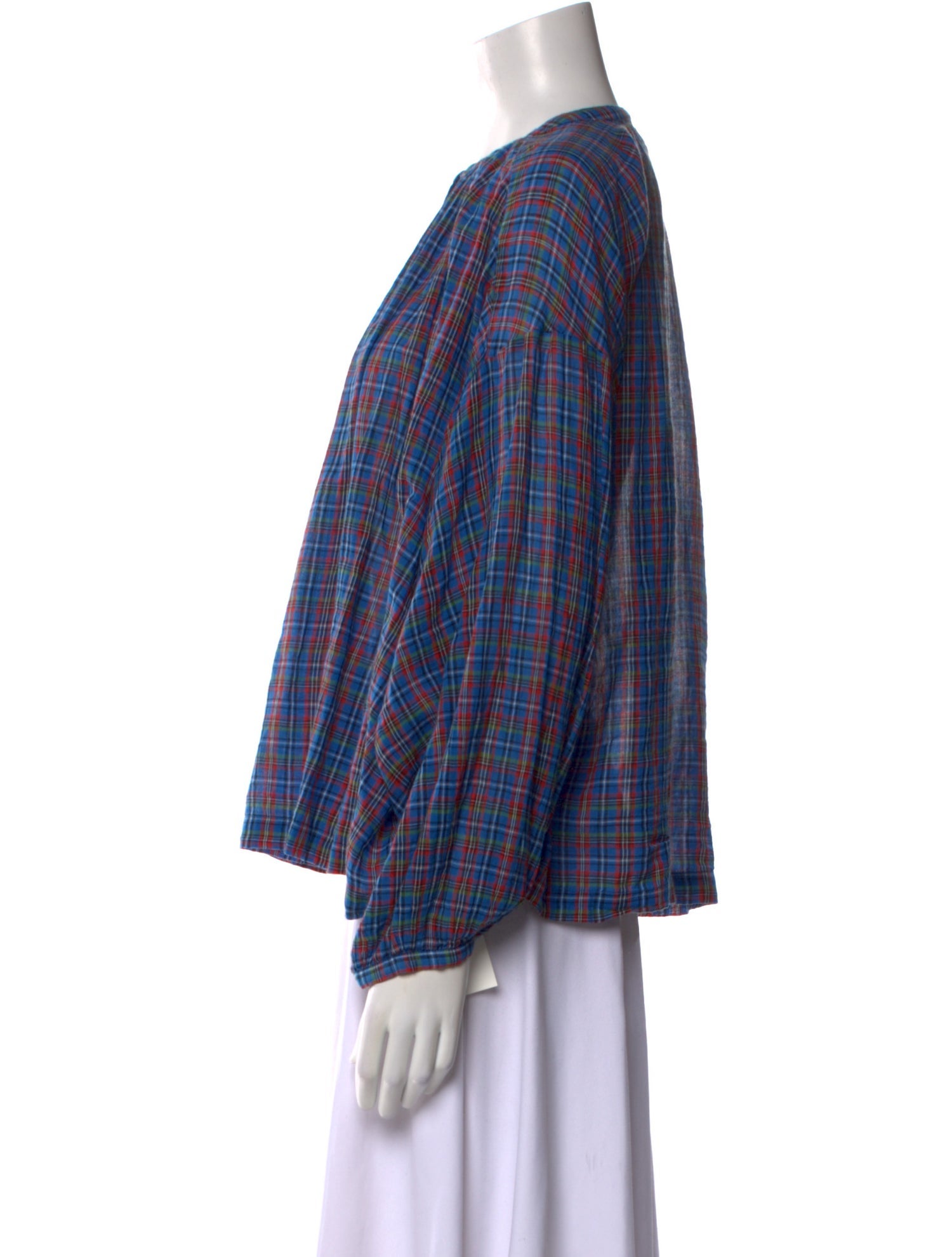 DÔEN Plaid Print Crew Neck Button-Up Top