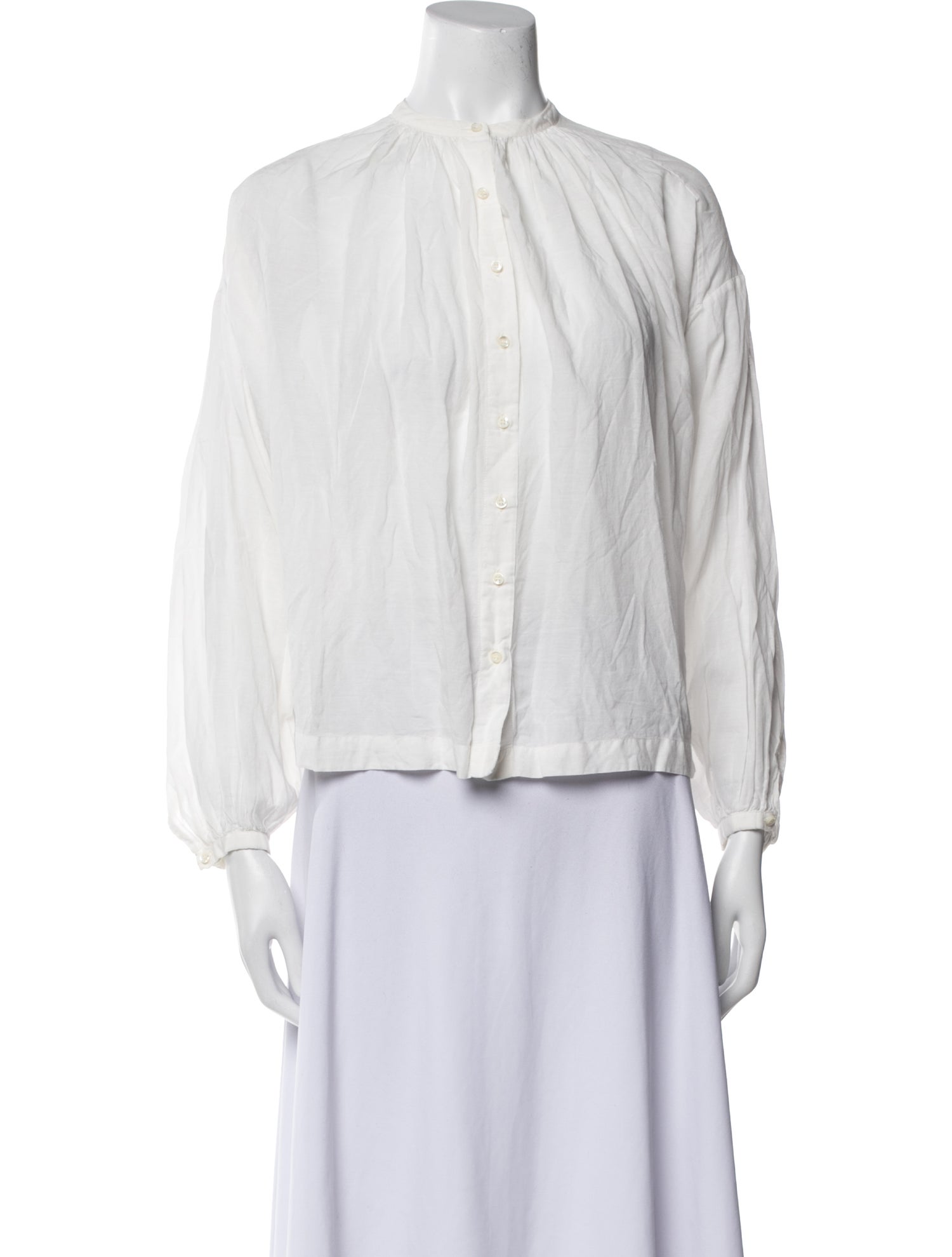 DÔEN Mock Neck Three-Quarter Sleeve Button-Up Top