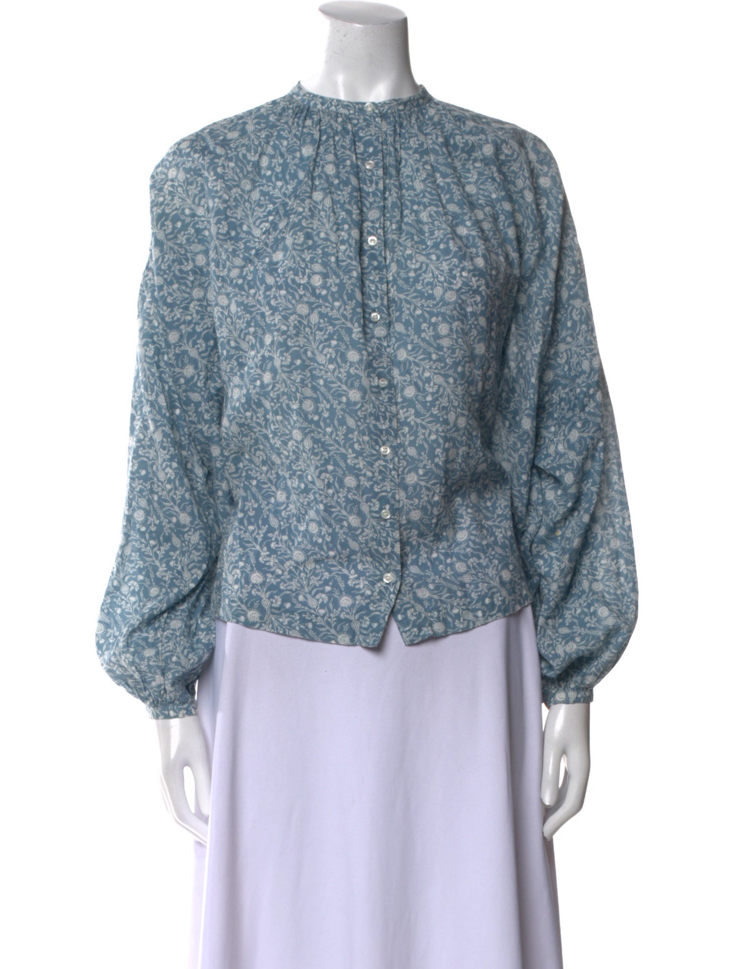 DÔEN Floral Print Mock Neck Button-Up Top