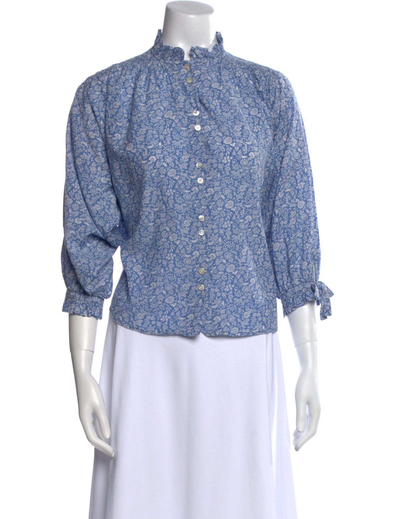 DÔEN Floral Print Mock Neck Button-Up Top