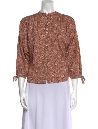 DÔEN Floral Print Crew Neck Button-Up Top