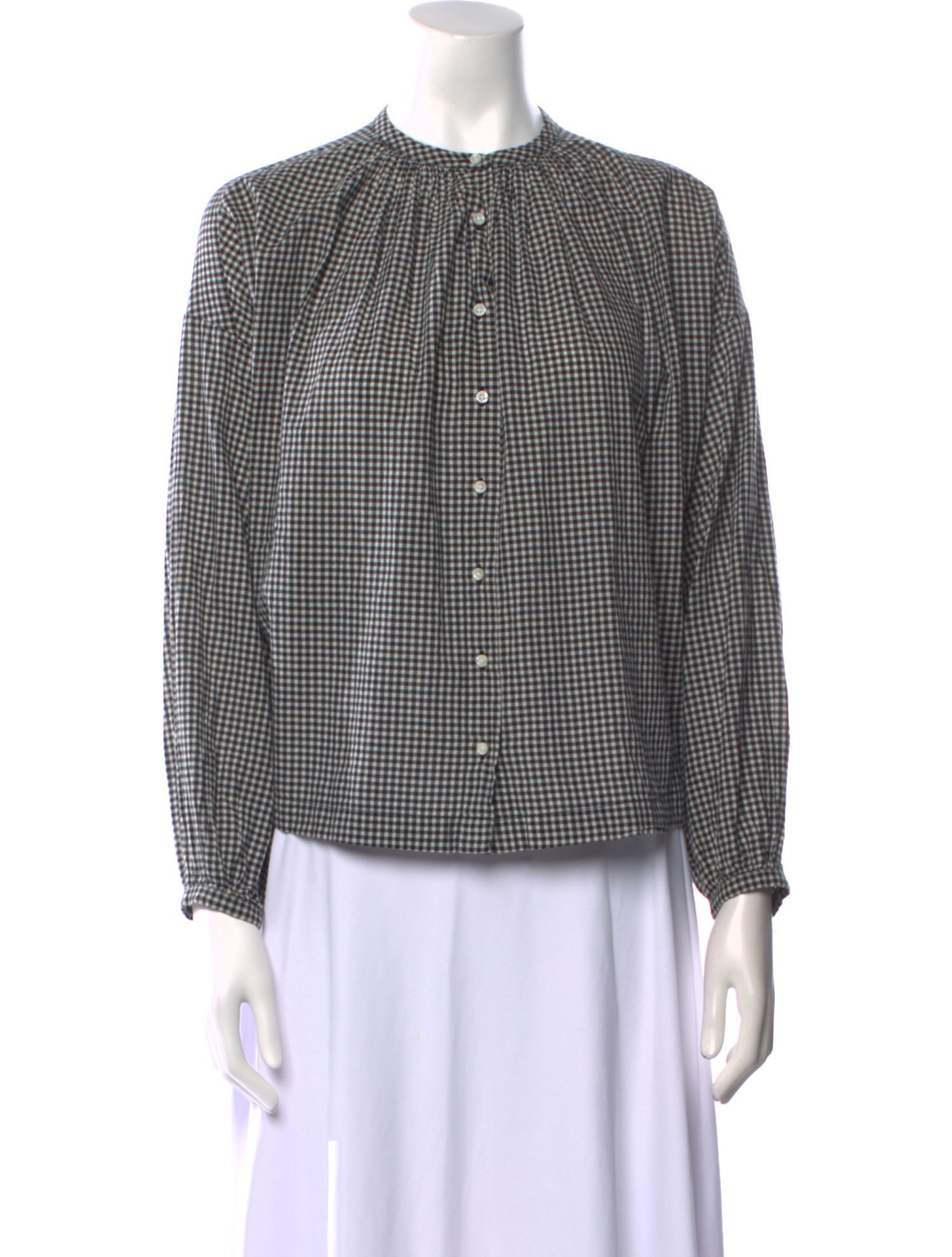 DÔEN Plaid Print Crew Neck Button-Up Top