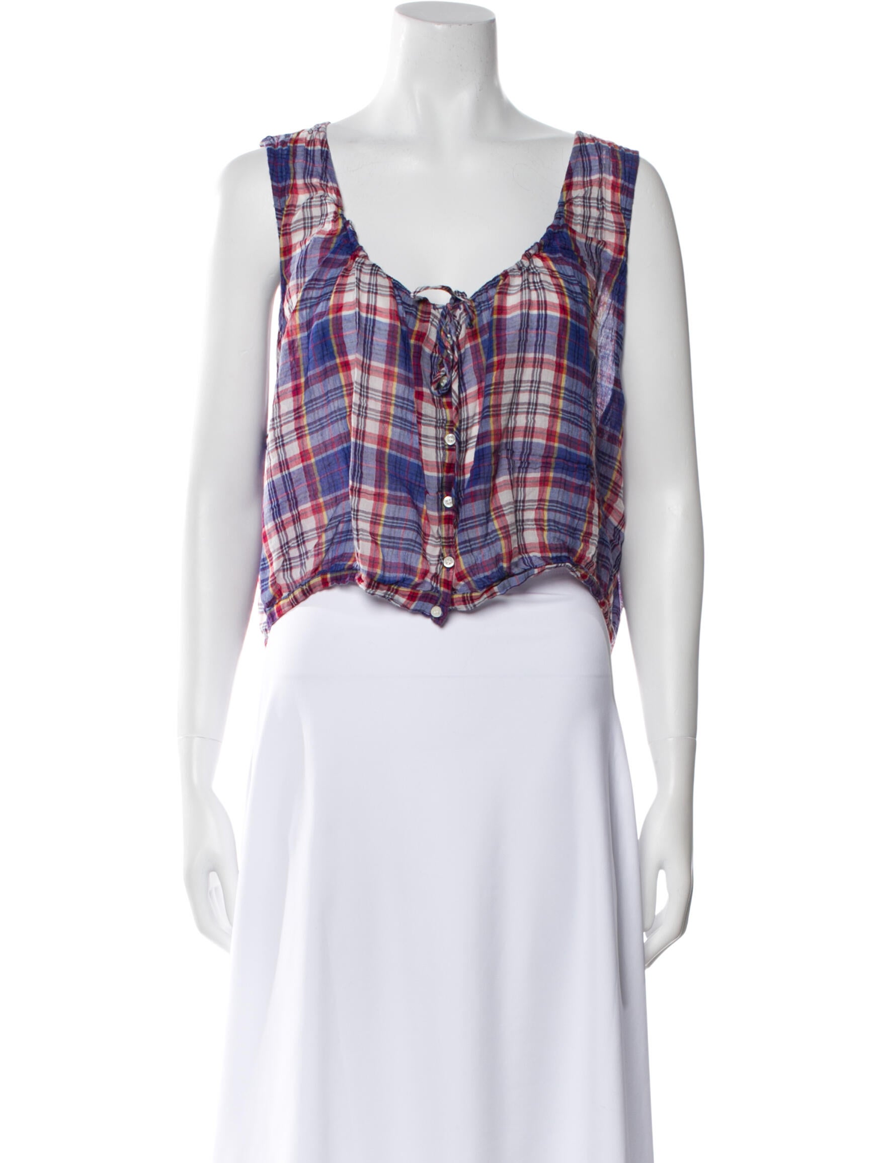 DÔEN Plaid Print Scoop Neck Crop Top