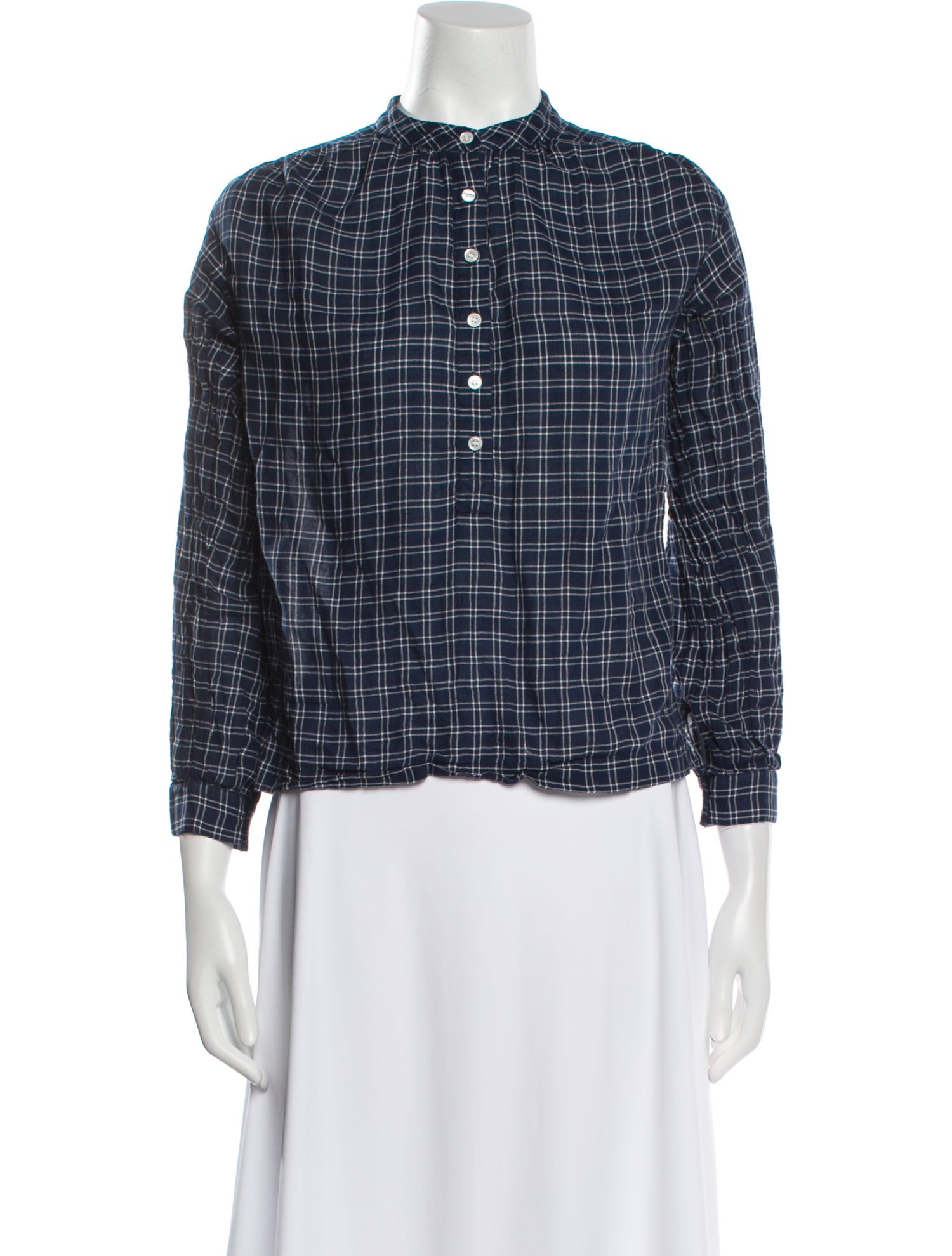 DÔEN Plaid Print Mock Neck Button-Up Top