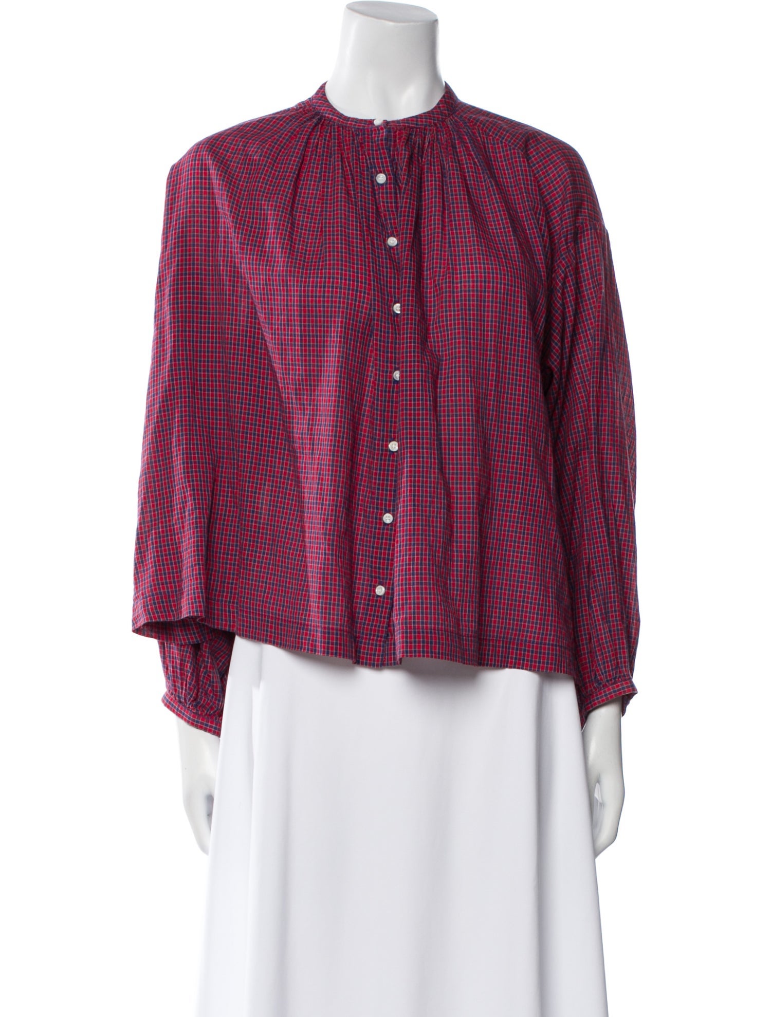 DÔEN Plaid Print Crew Neck Blouse