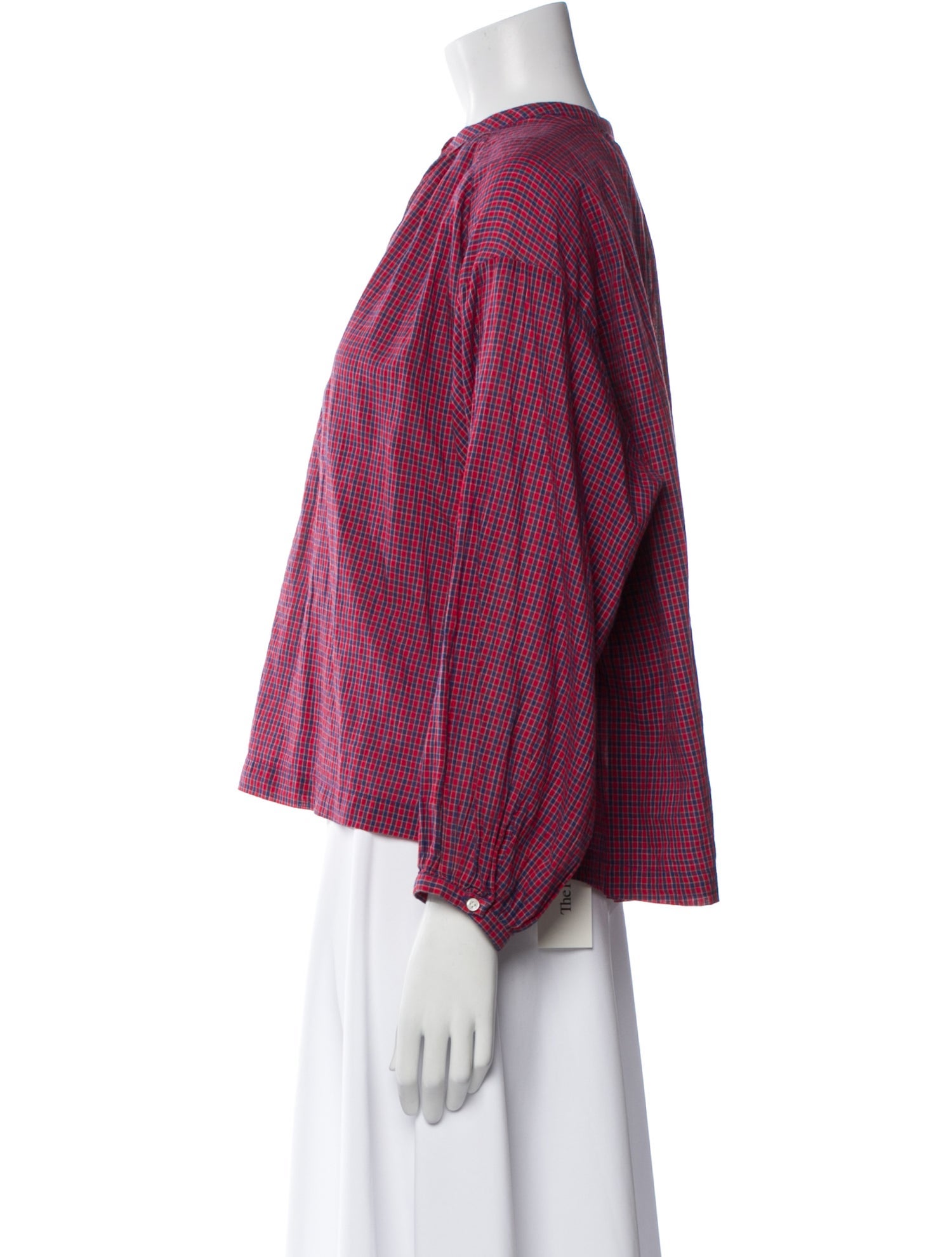 DÔEN Plaid Print Crew Neck Blouse