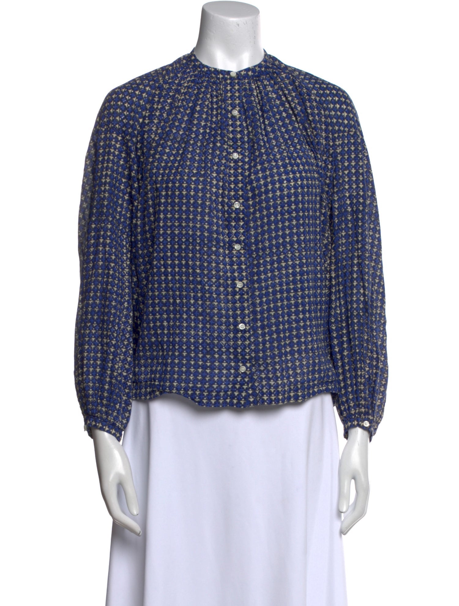 DÔEN Printed Mock Neck Button-Up Top