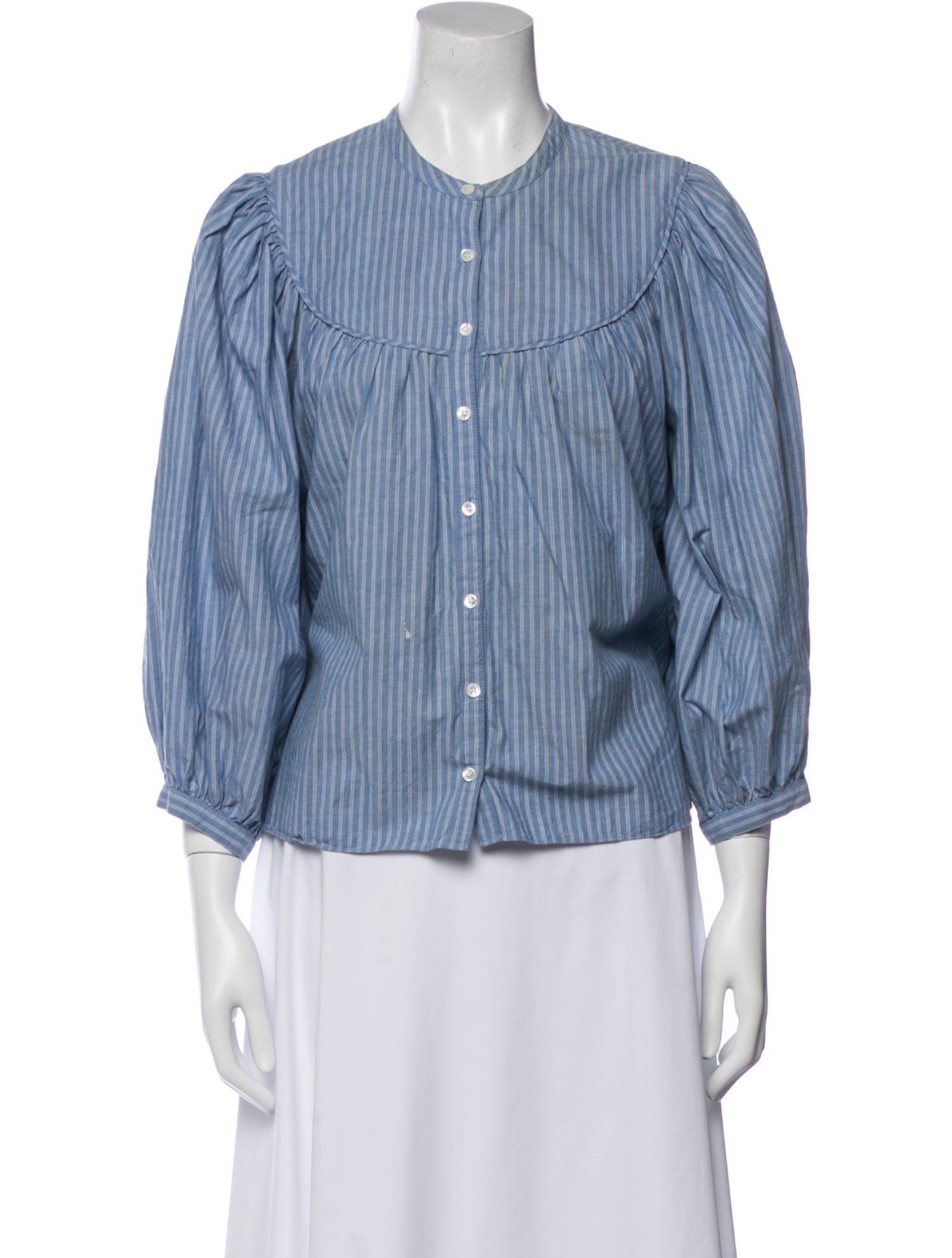 DÔEN Striped Crew Neck Button-Up Top