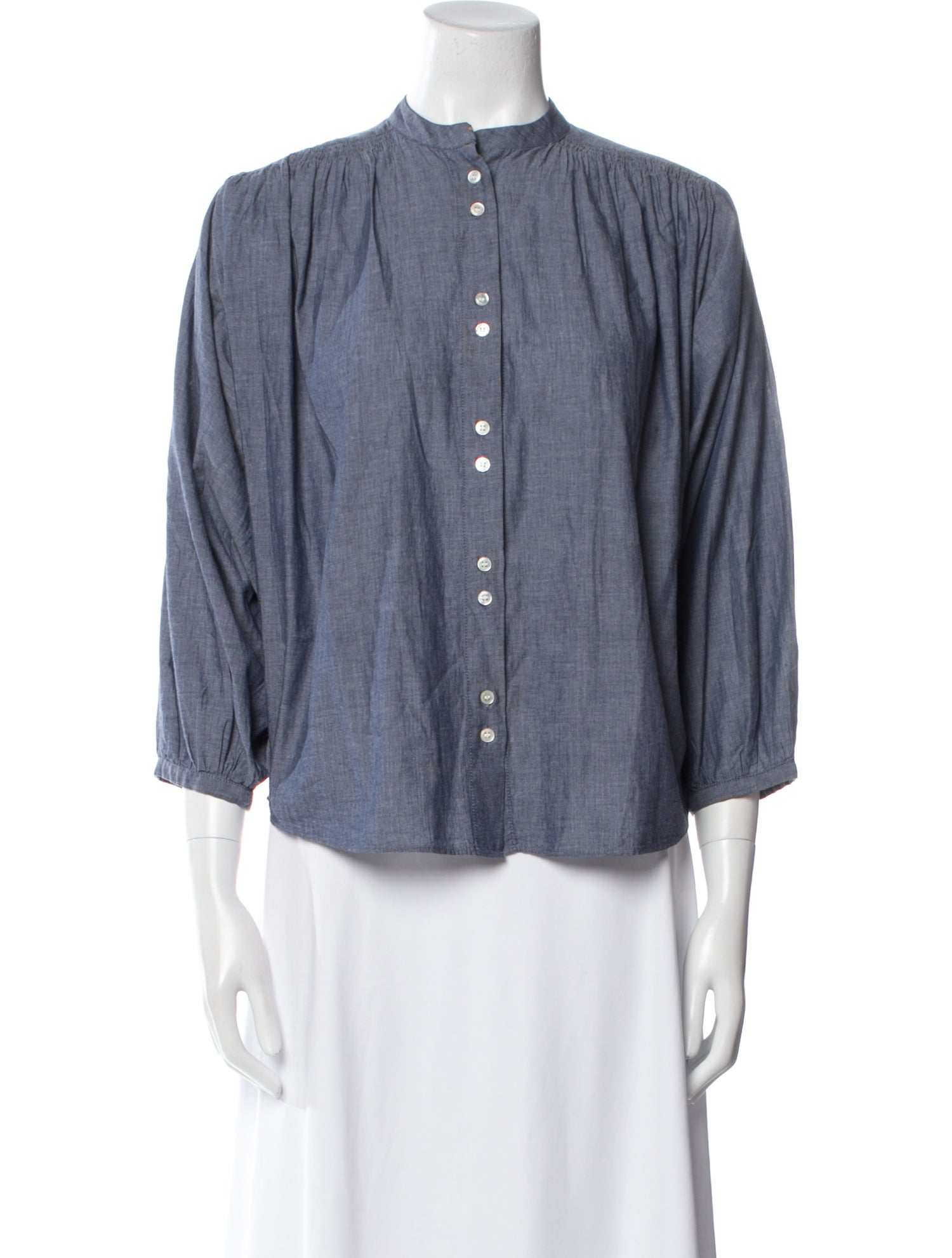 DÔEN Mock Neck Three-Quarter Sleeve Button-Up Top