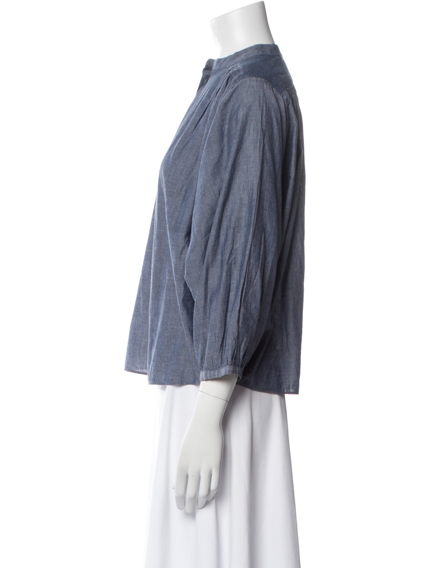 DÔEN Mock Neck Three-Quarter Sleeve Button-Up Top