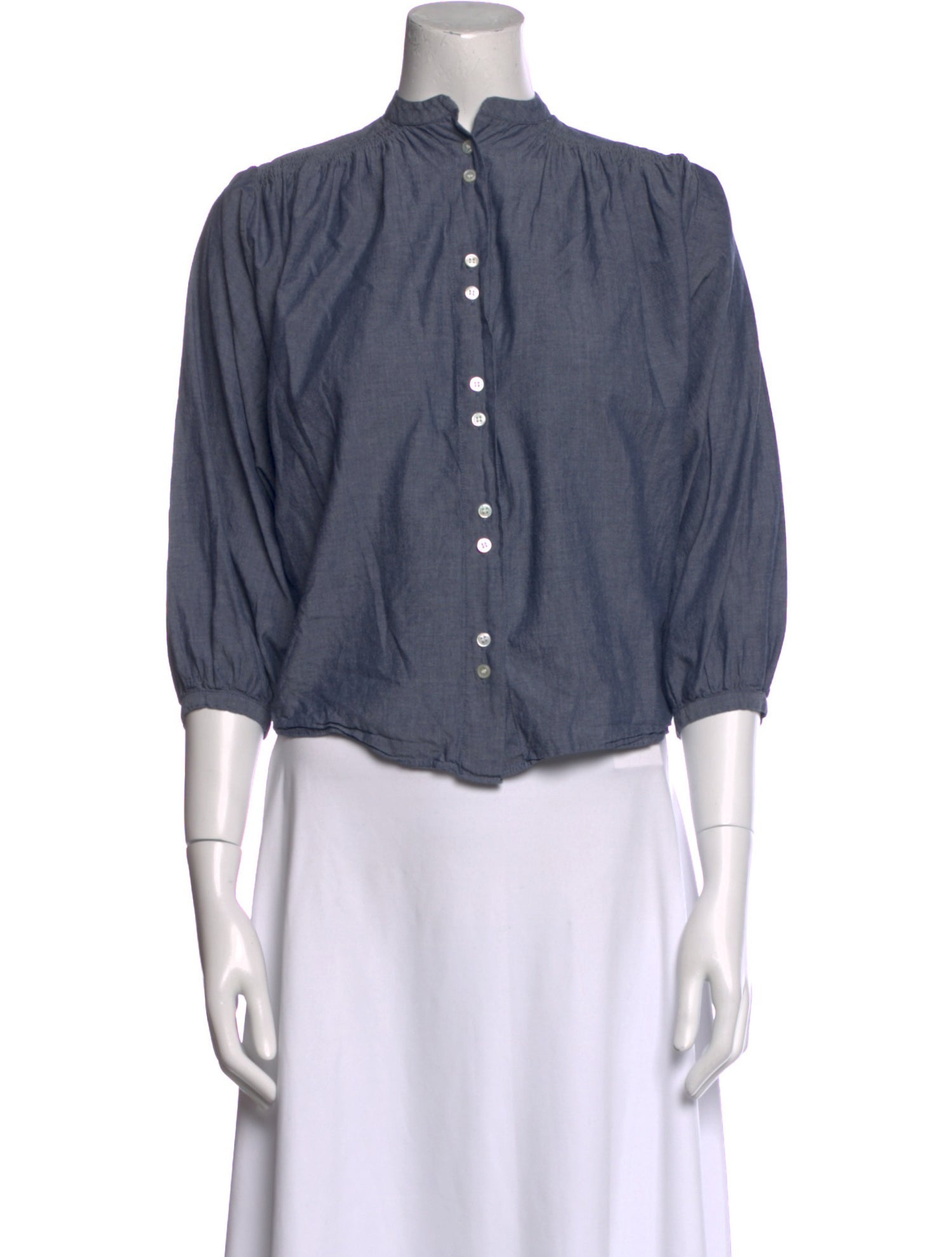 DÔEN Mock Neck Three-Quarter Sleeve Button-Up Top