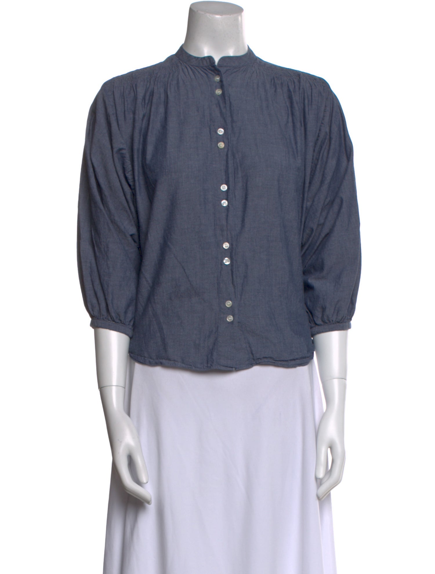 DÔEN Mock Neck Three-Quarter Sleeve Button-Up Top