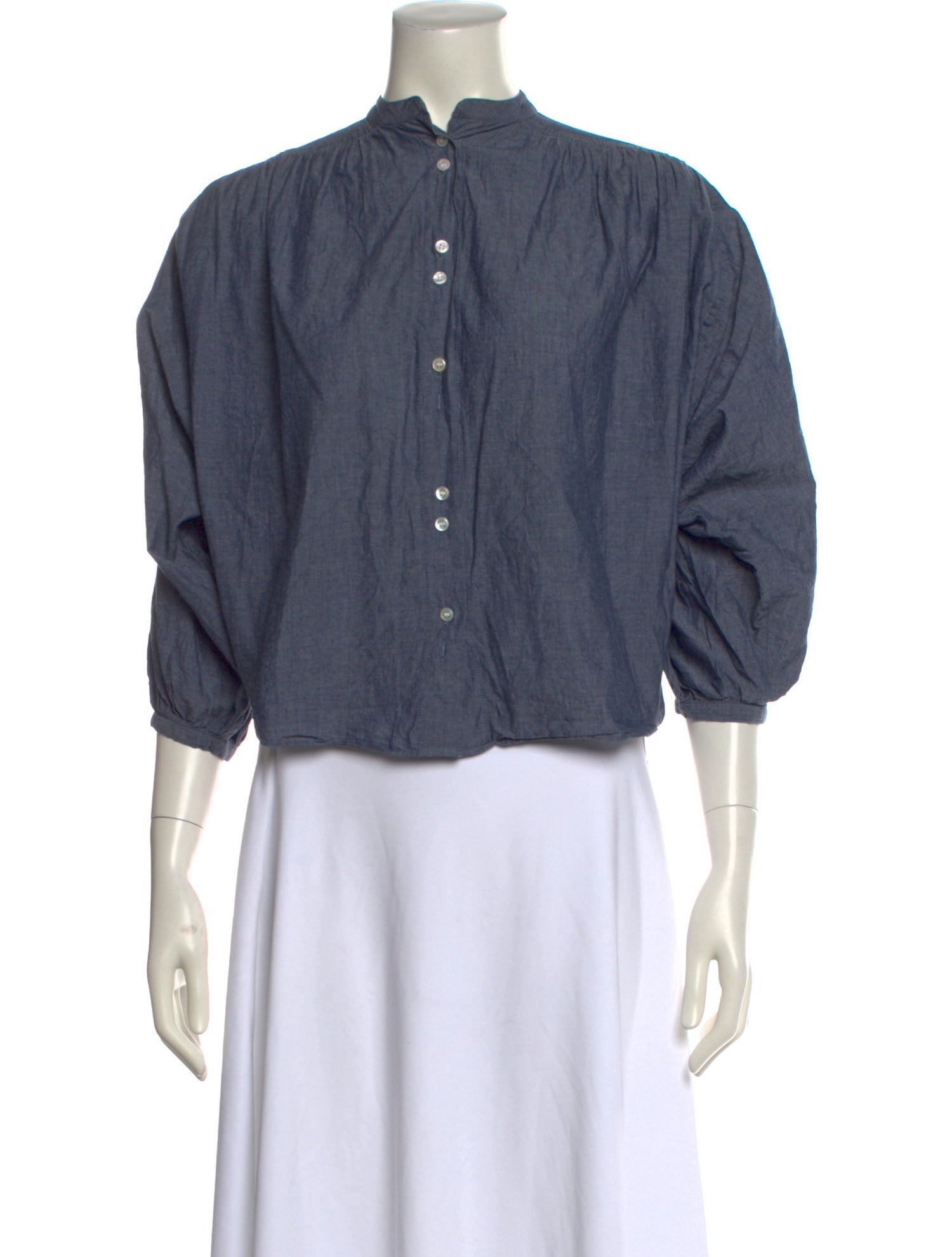 DÔEN Mock Neck Three-Quarter Sleeve Button-Up Top