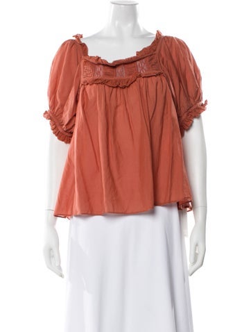 Pre-owned Doen Square Neckline Short Sleeve Blouse In Orange