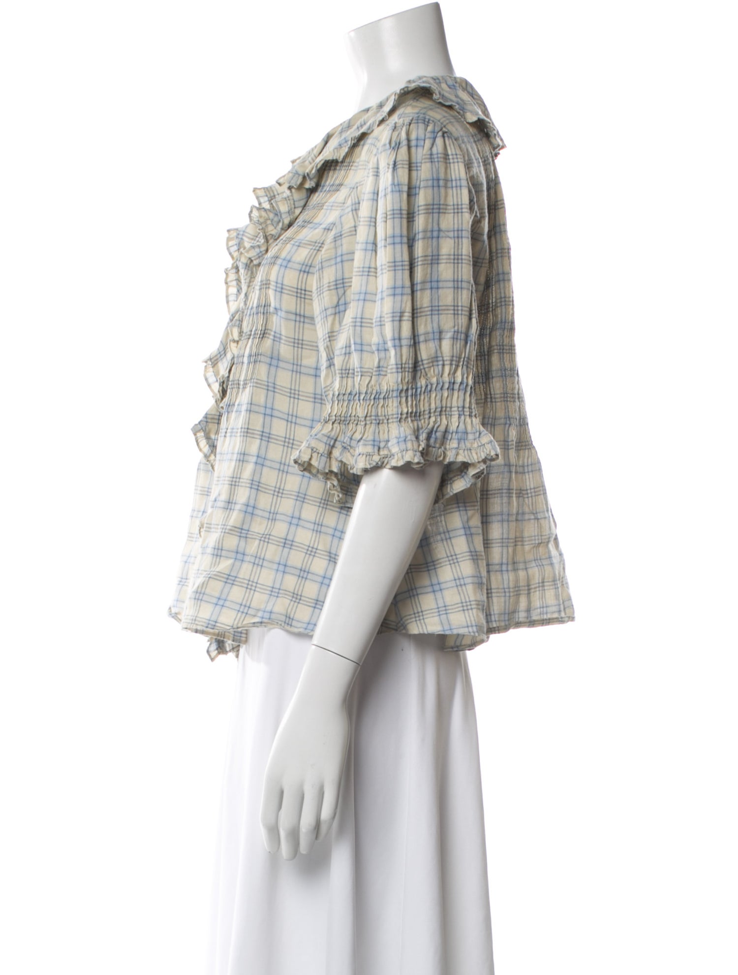 DÔEN Plaid Print Short Sleeve Blouse