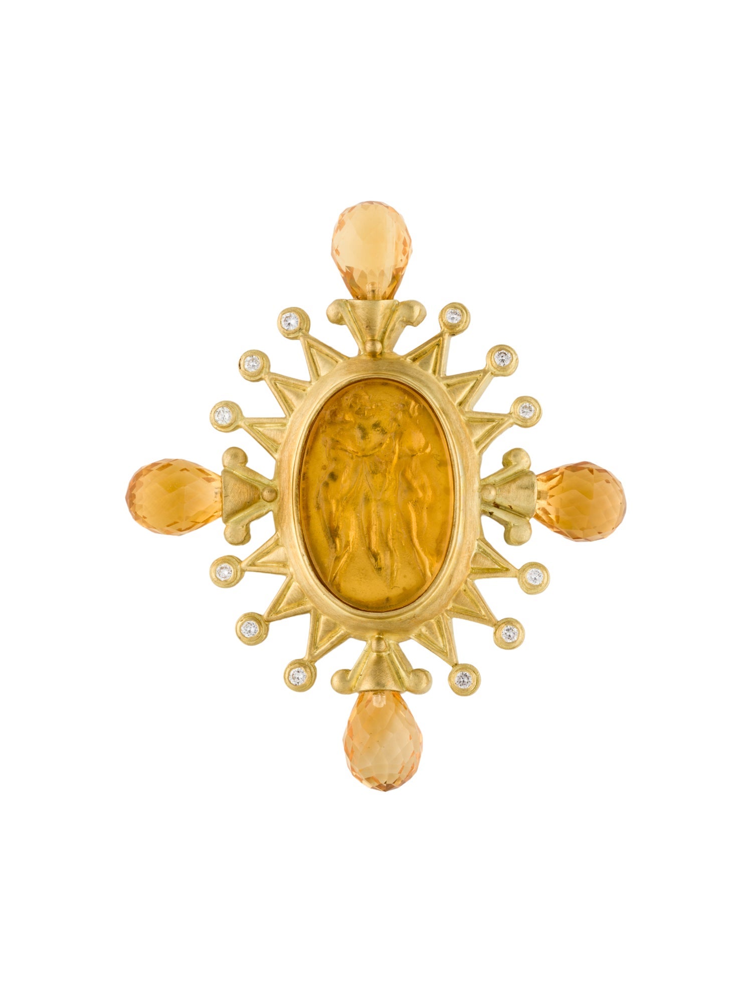 Doris Panos Vintage 18K Diamond, Citrine, & Glass Cameo Pendant