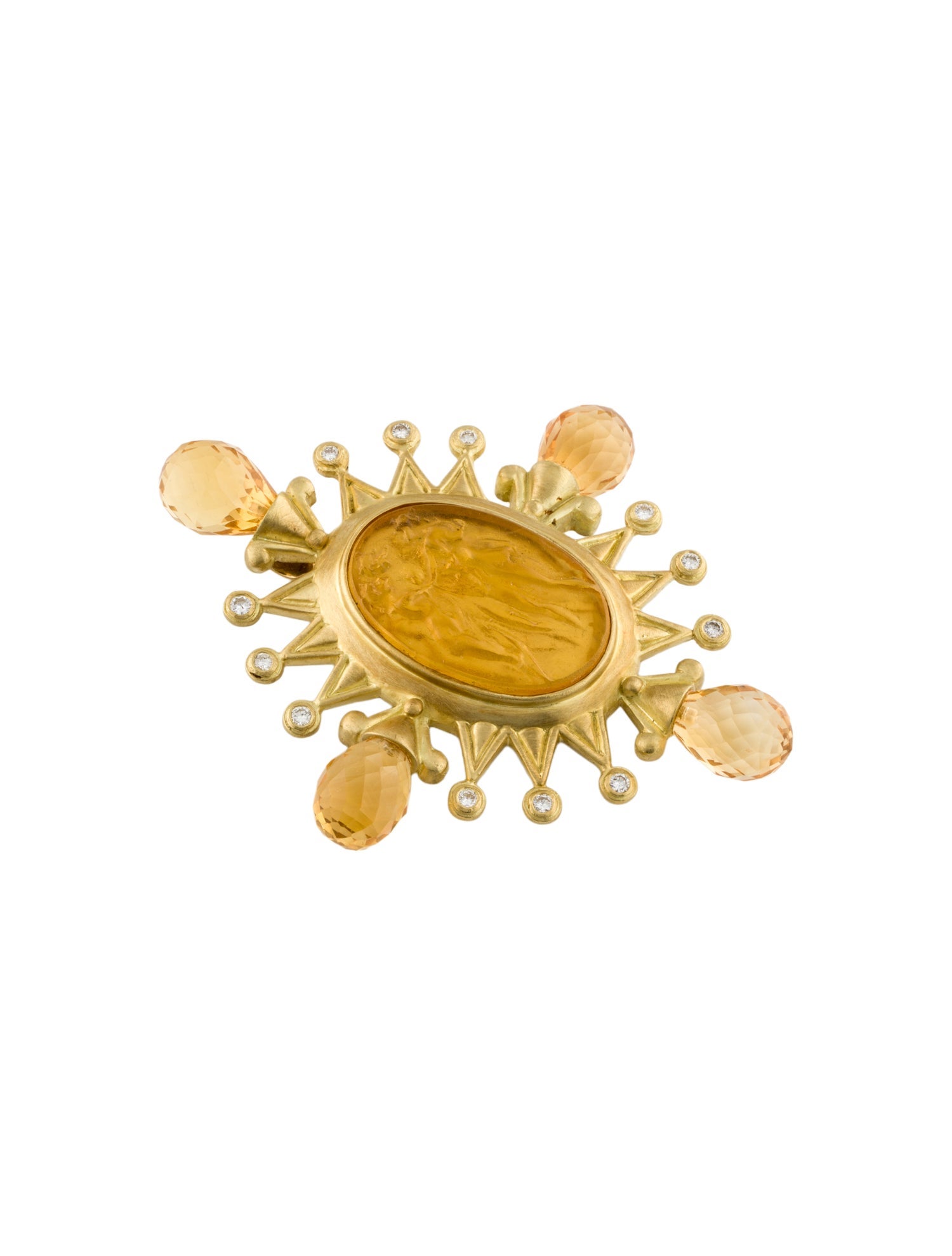 Doris Panos Vintage 18K Diamond, Citrine, & Glass Cameo Pendant