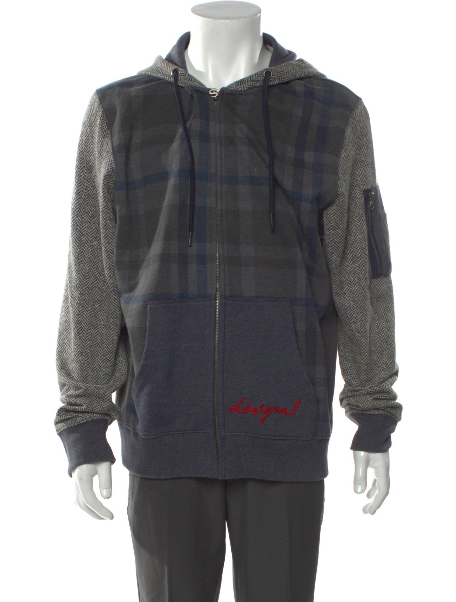 Desigual Plaid Print V-Neck Hoodie