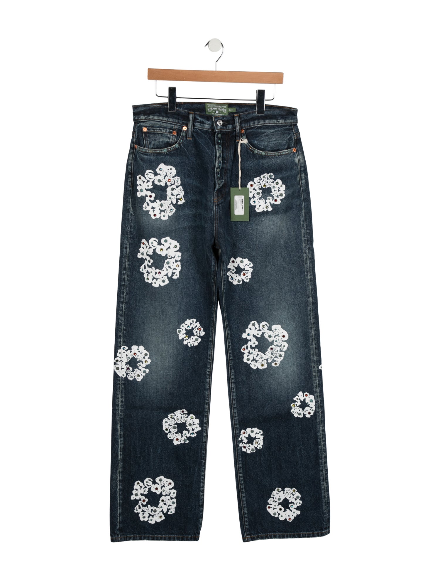 Denim Tears Rhinestone Cotton Wreath Straight-Leg Jeans w/ Tags