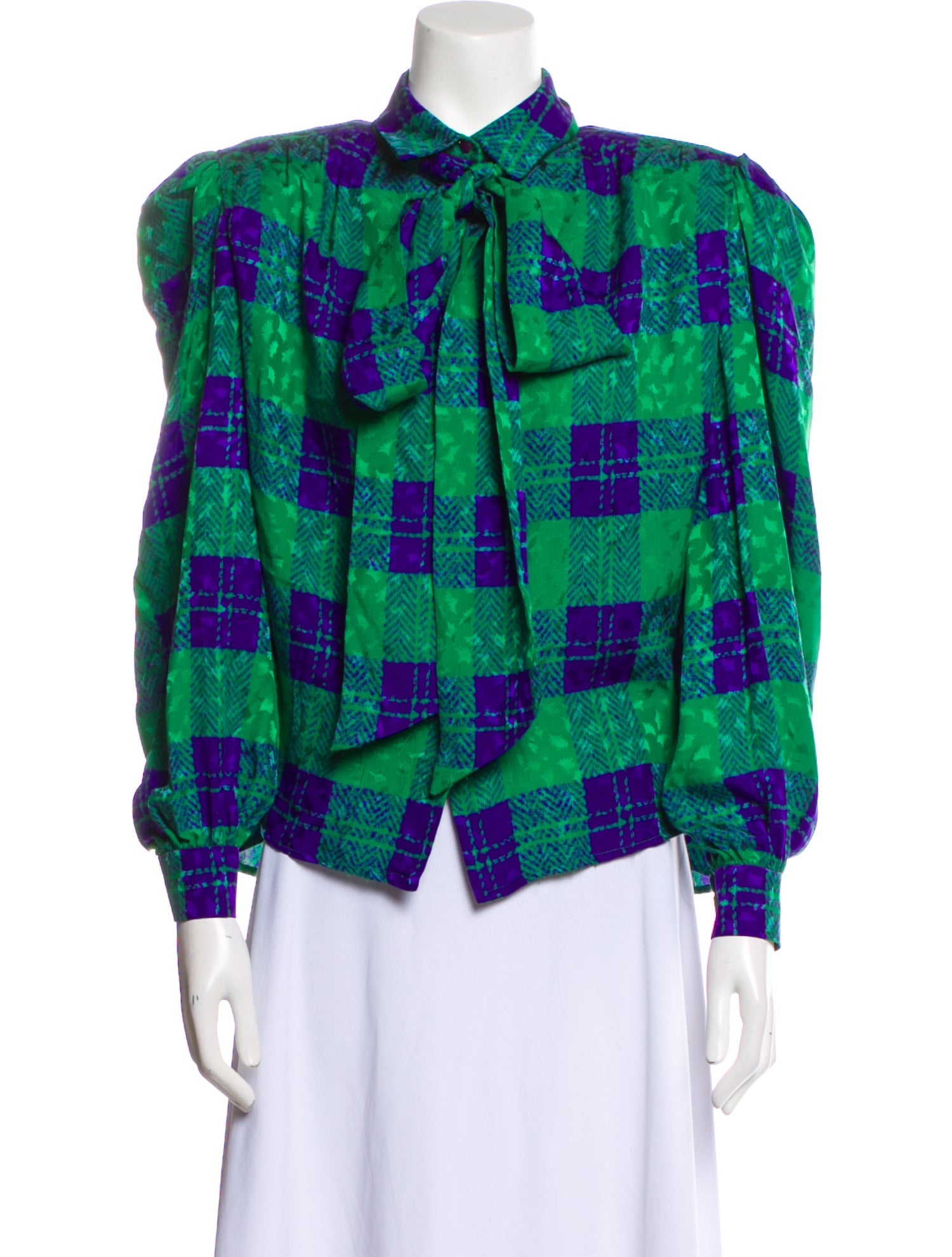 David Hayes Silk Plaid Print Button-Up Top