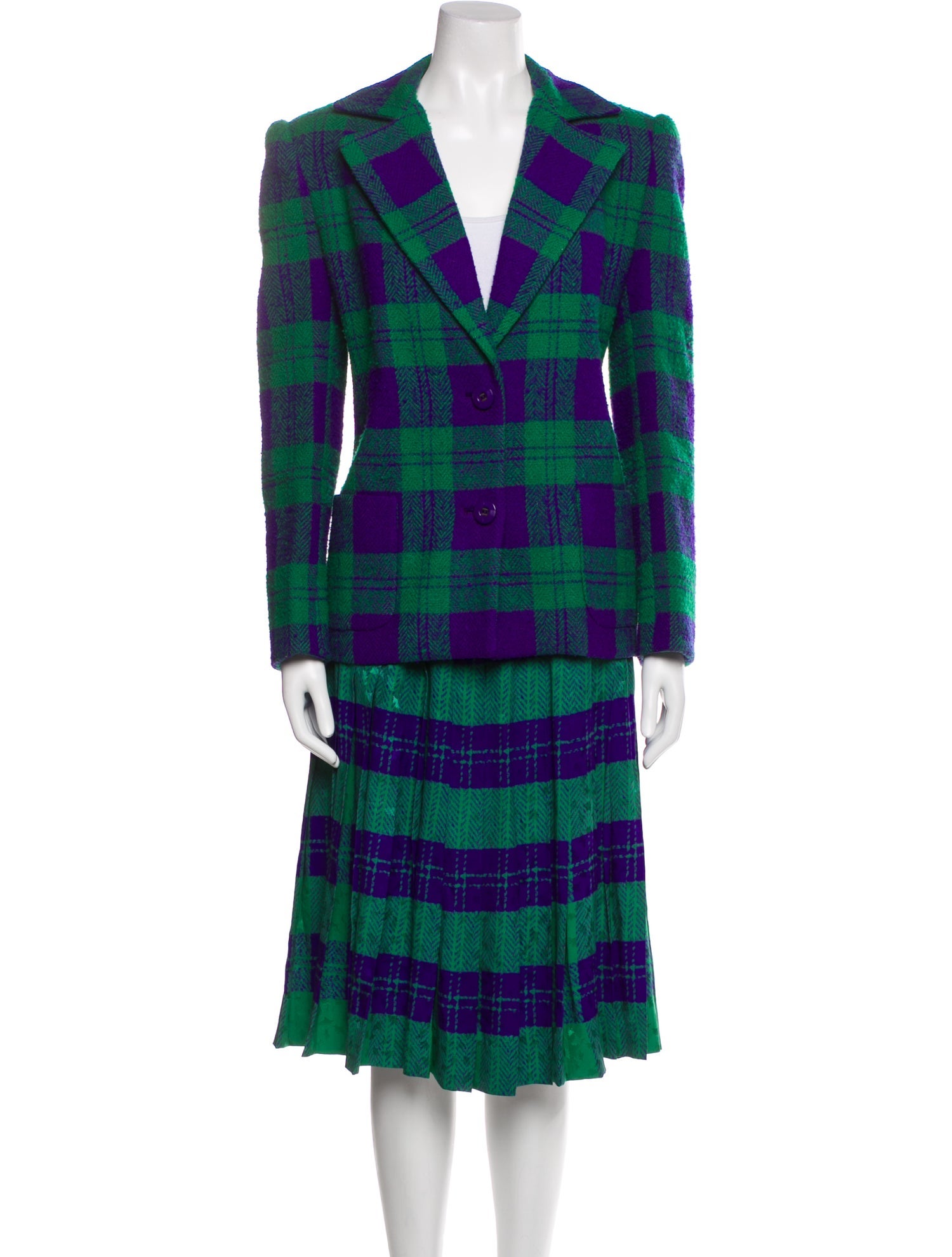 David Hayes Wool Plaid Print Skirt Suit