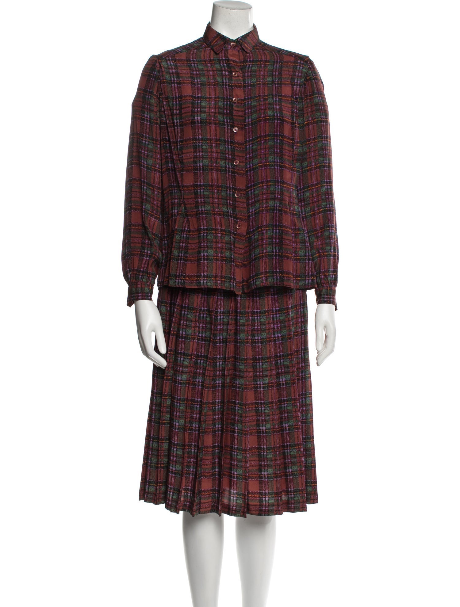 David Hayes Silk Plaid Print Skirt Set