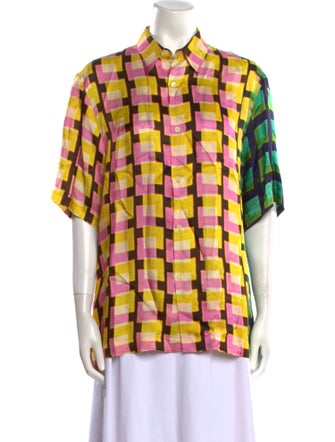 Dries Van Noten x Len Lye Plaid Print Short Sleeve Button-Up Top