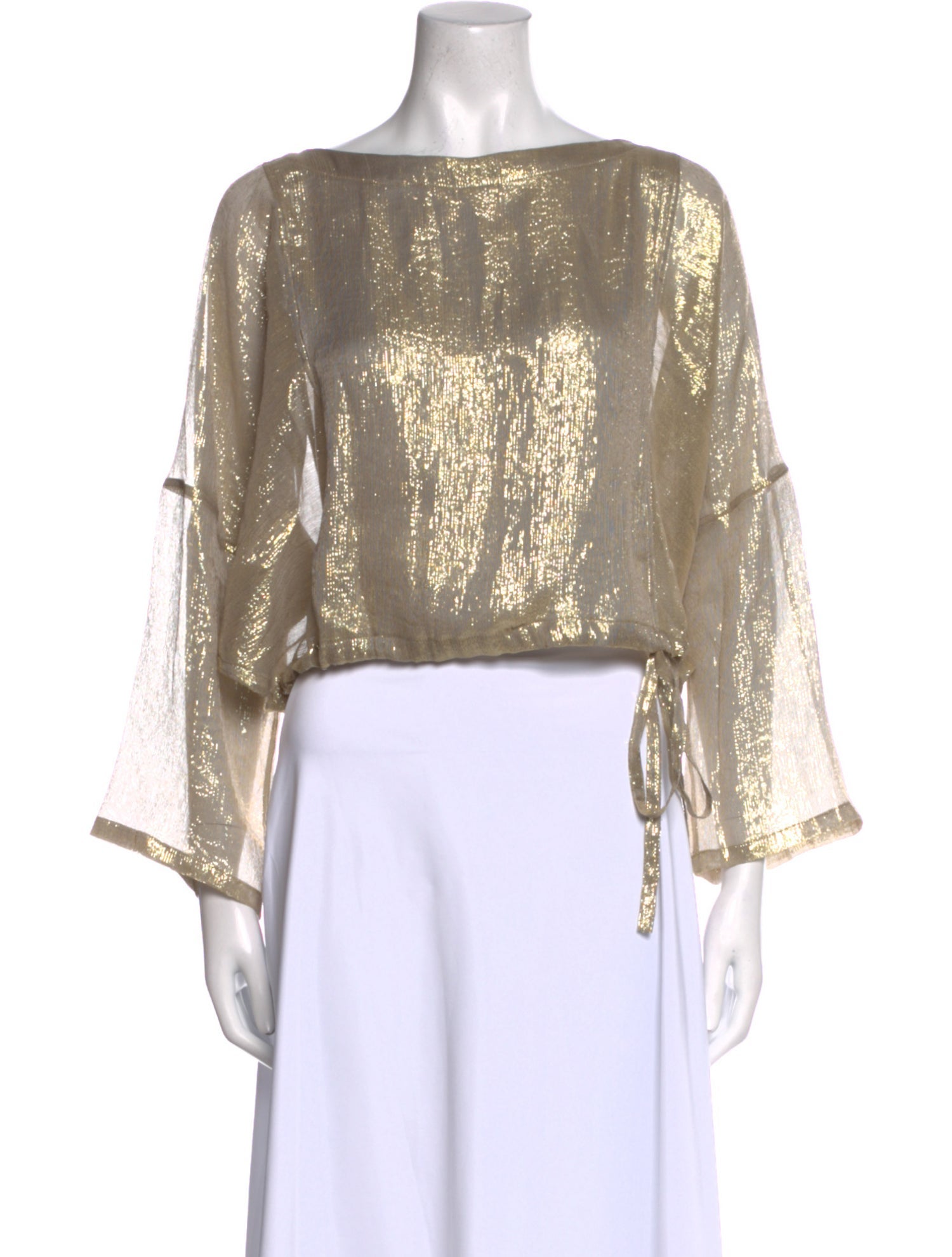 Electric Feathers Bateau Neckline Three-Quarter Sleeve Crop Top