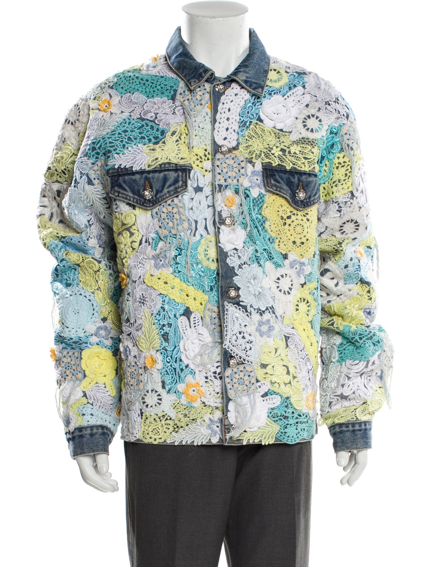 EARTHLING VIP Lace Pattern Denim Jacket Blue Outerwear, Clothing