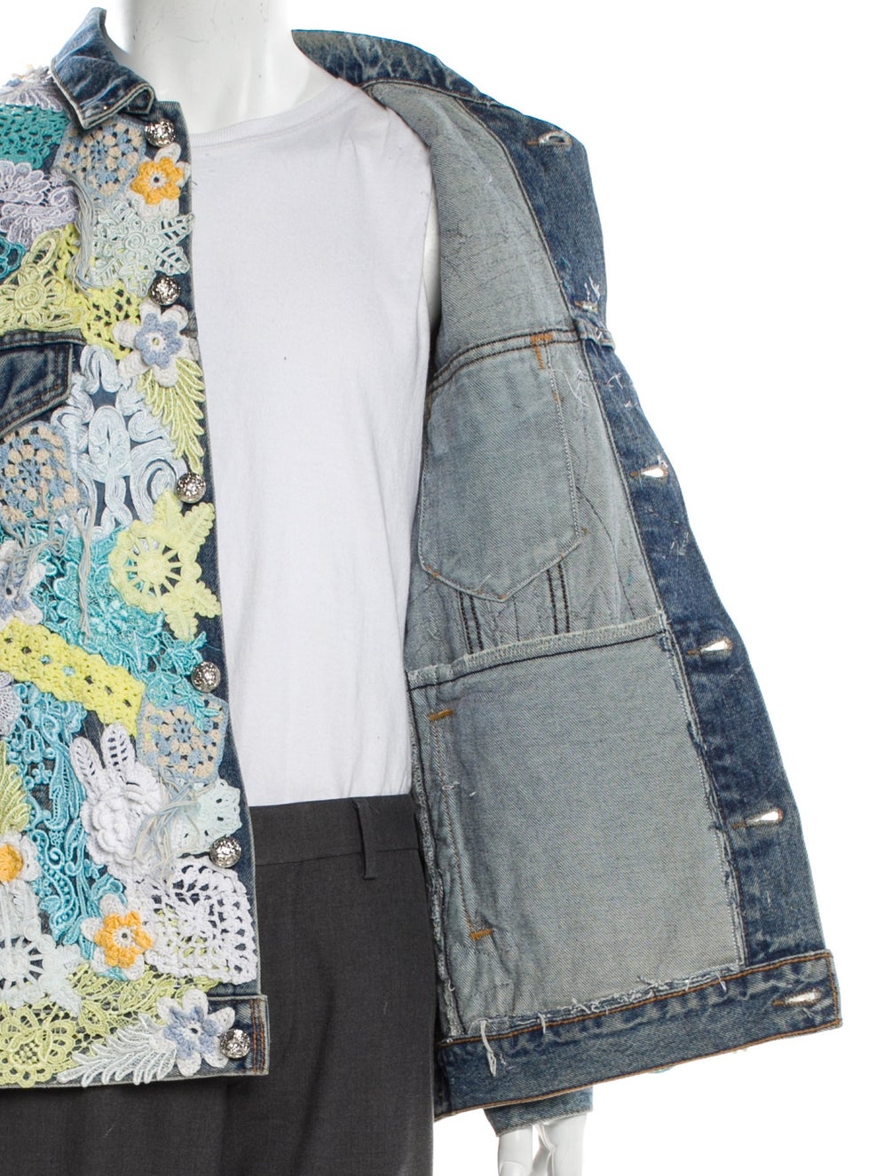 EARTHLING VIP Lace Pattern Denim Jacket Blue Outerwear, Clothing