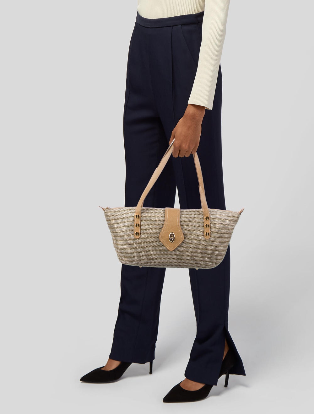 Eric Javits Leather Trimmed Raffia Shoulder Bag - image 2