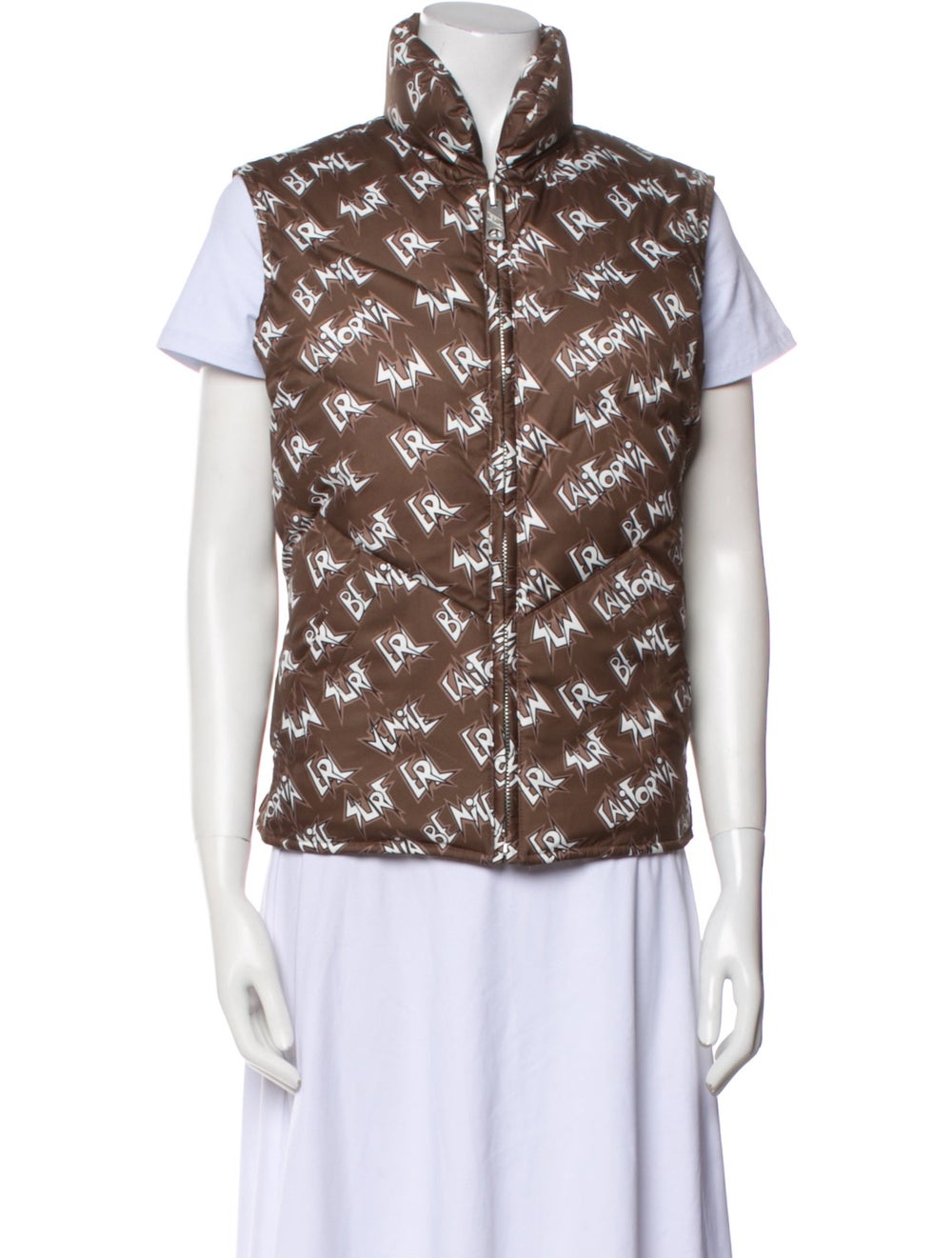 ERL Down Jacket Brown Patterned Stand Collar Slit… - image 1