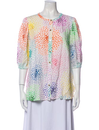 Emily McCarthy Polka Dot Print Crew Neck Button-Up Top