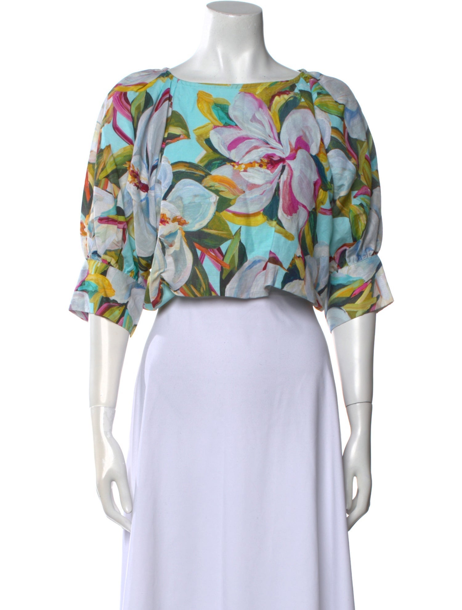 Emily McCarthy Floral Print Bateau Neckline Crop Top