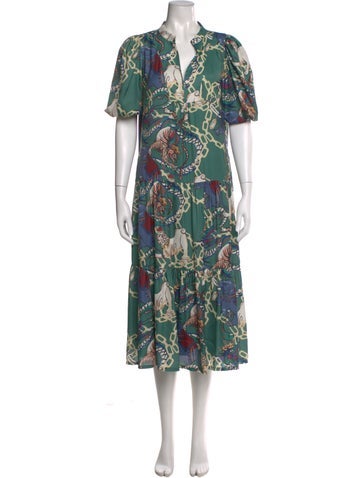Pre-owned Emily Mccarthy Printed Long Dress In Green