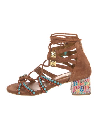 Elina Linardaki Suede Printed Gladiator Sandals