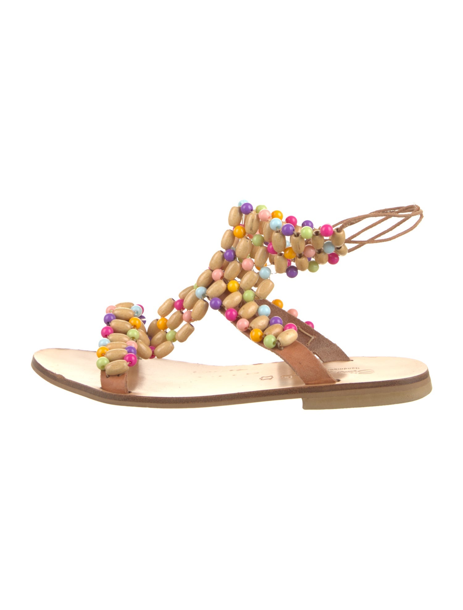 Elina Linardaki Leather Floral Print Gladiator Sandals