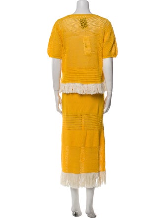 Escvdo Colorblock Pattern Fringe Trim Accent Skirt Set