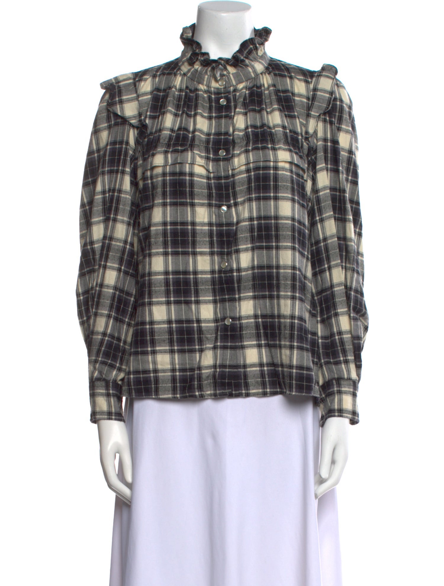 Étoile Isabel Marant Plaid Print Mock Neck Button-Up Top