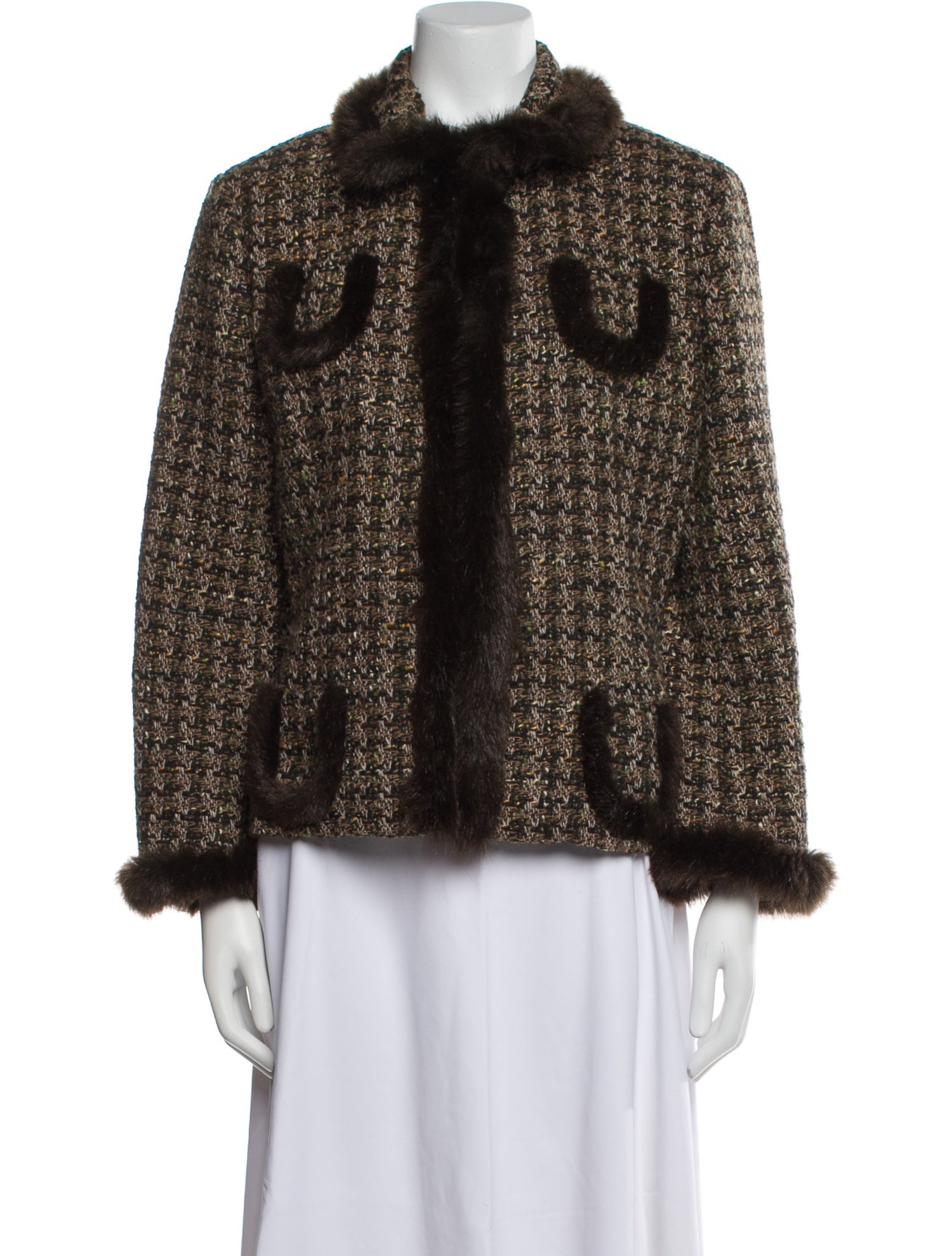 etcetera Wool Tweed Pattern Faux Fur Jacket