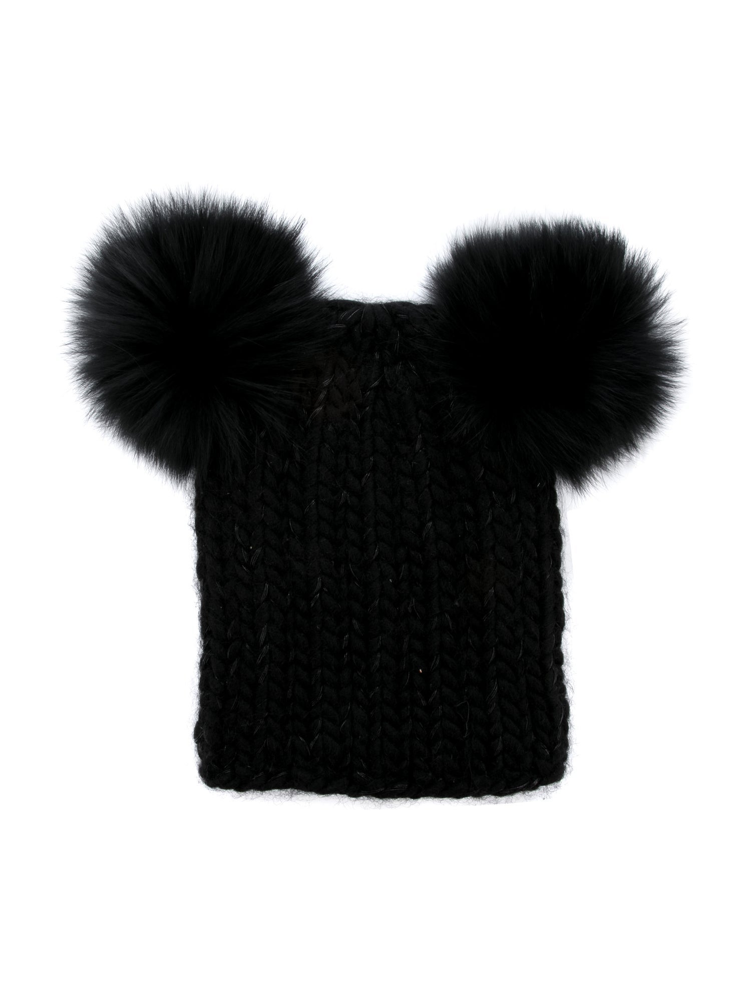 Eugenia Kim Black Fur PomPom Wool Braided Beanie