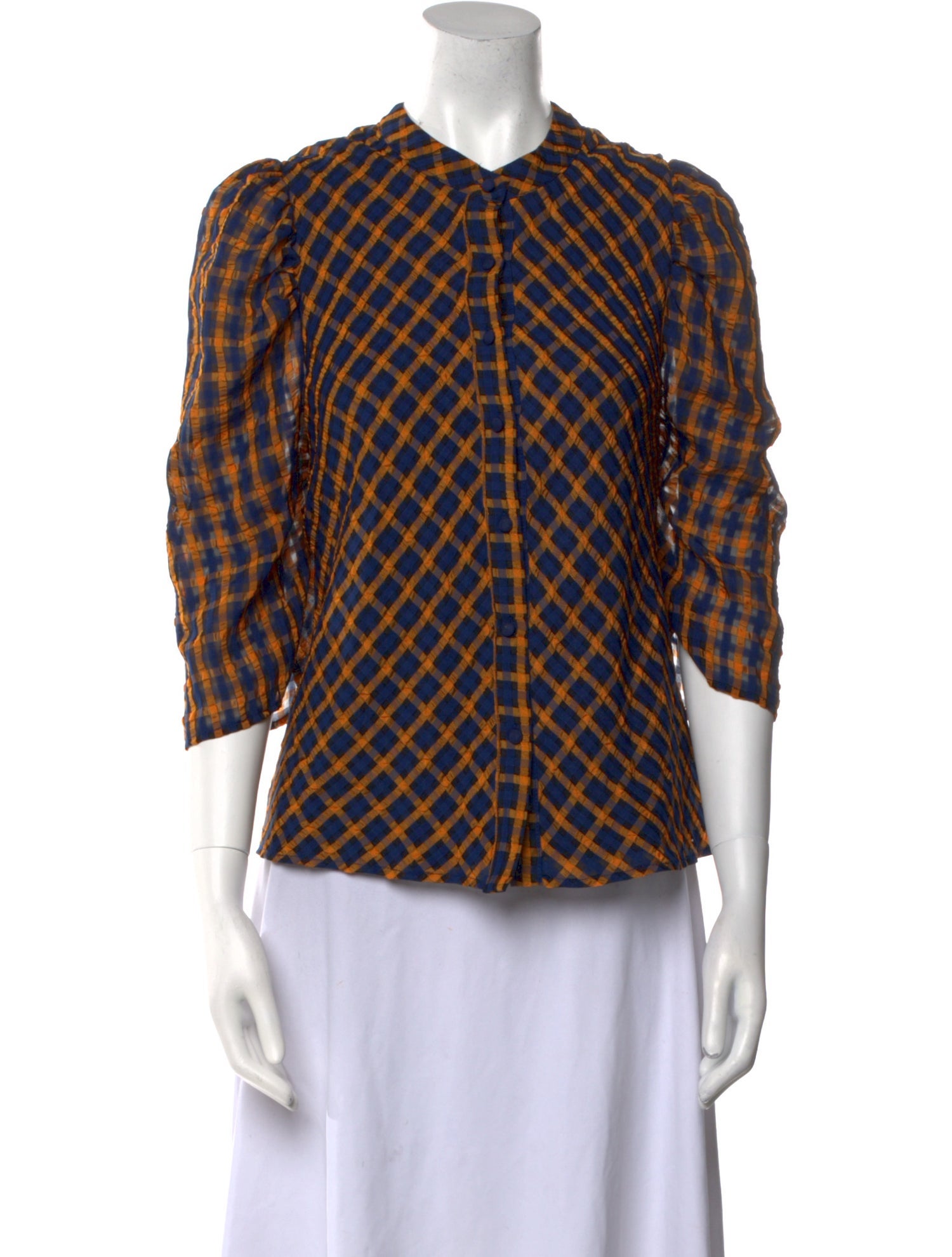Eva Franco Plaid Print Mock Neck Button-Up Top