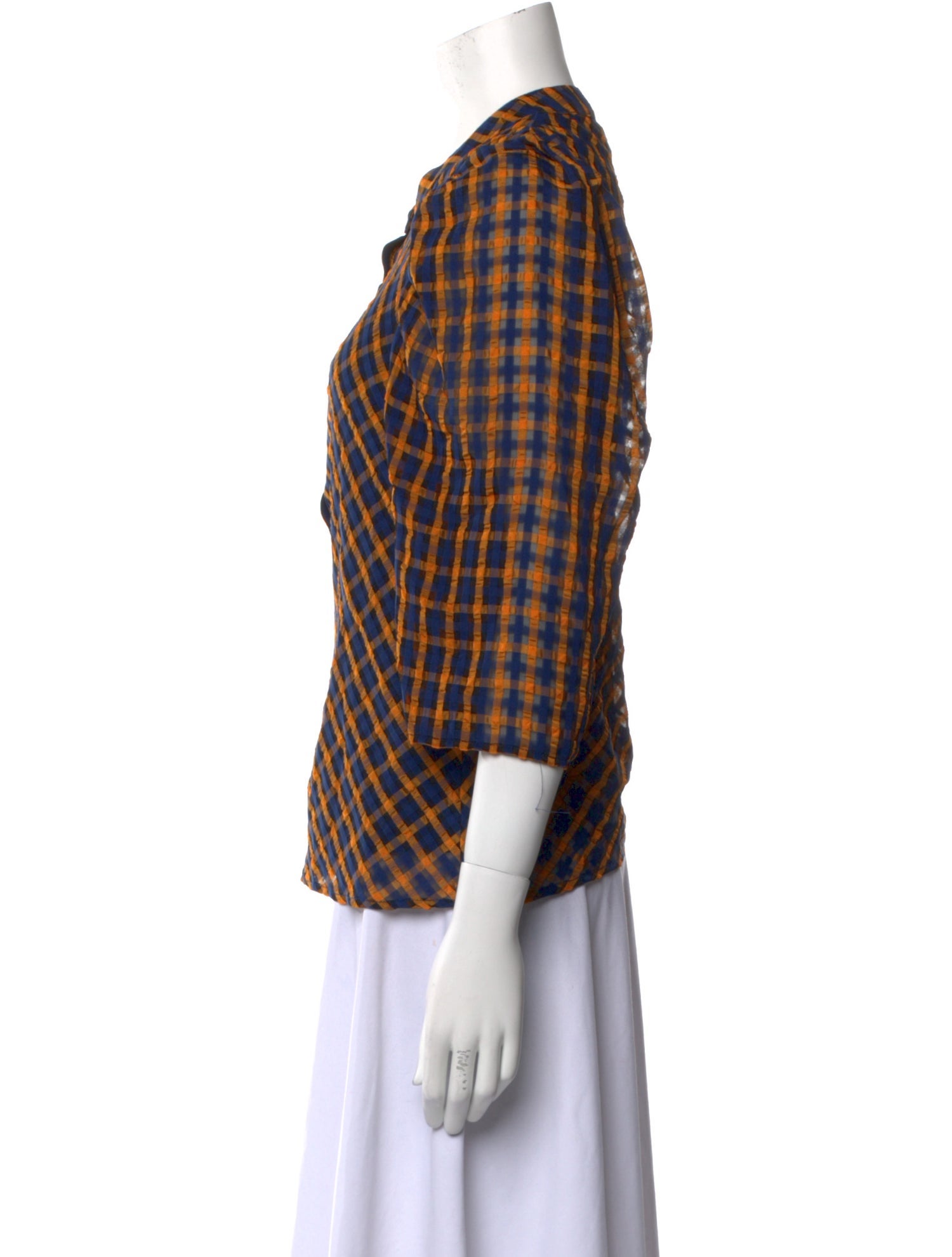 Eva Franco Plaid Print Mock Neck Button-Up Top