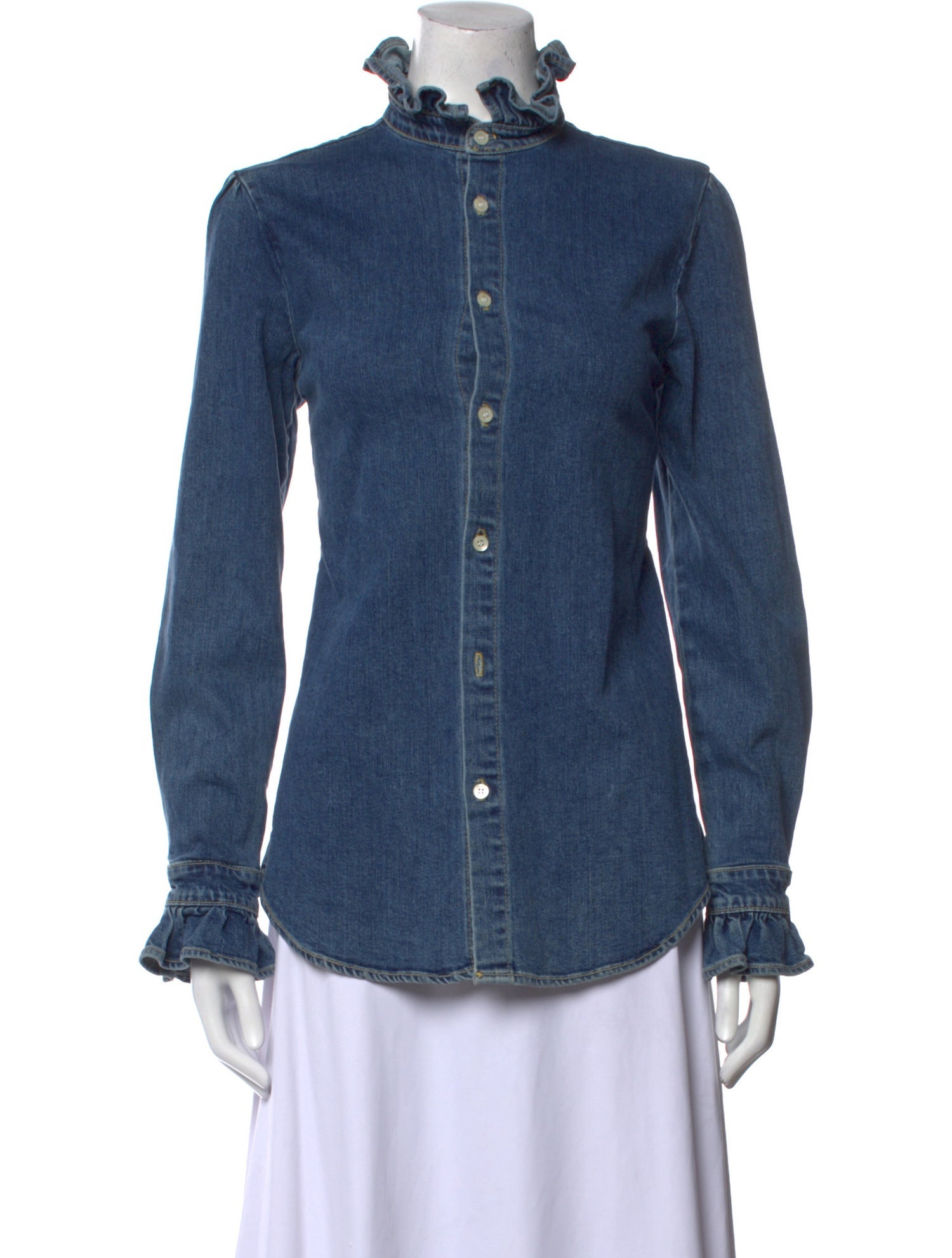 Eve Denim Mock Neck Long Sleeve Button-Up Top