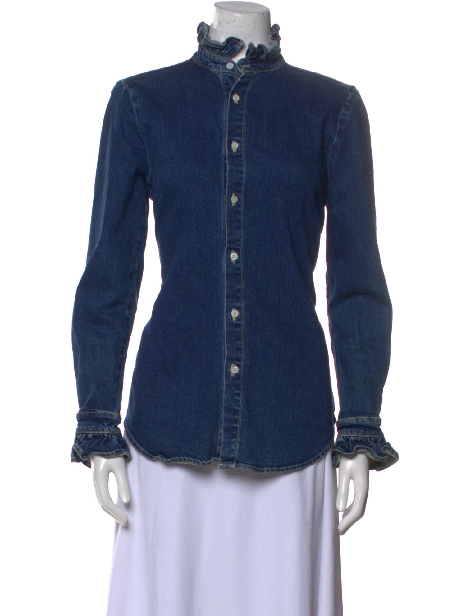Eve Denim Mock Neck Long Sleeve Button-Up Top
