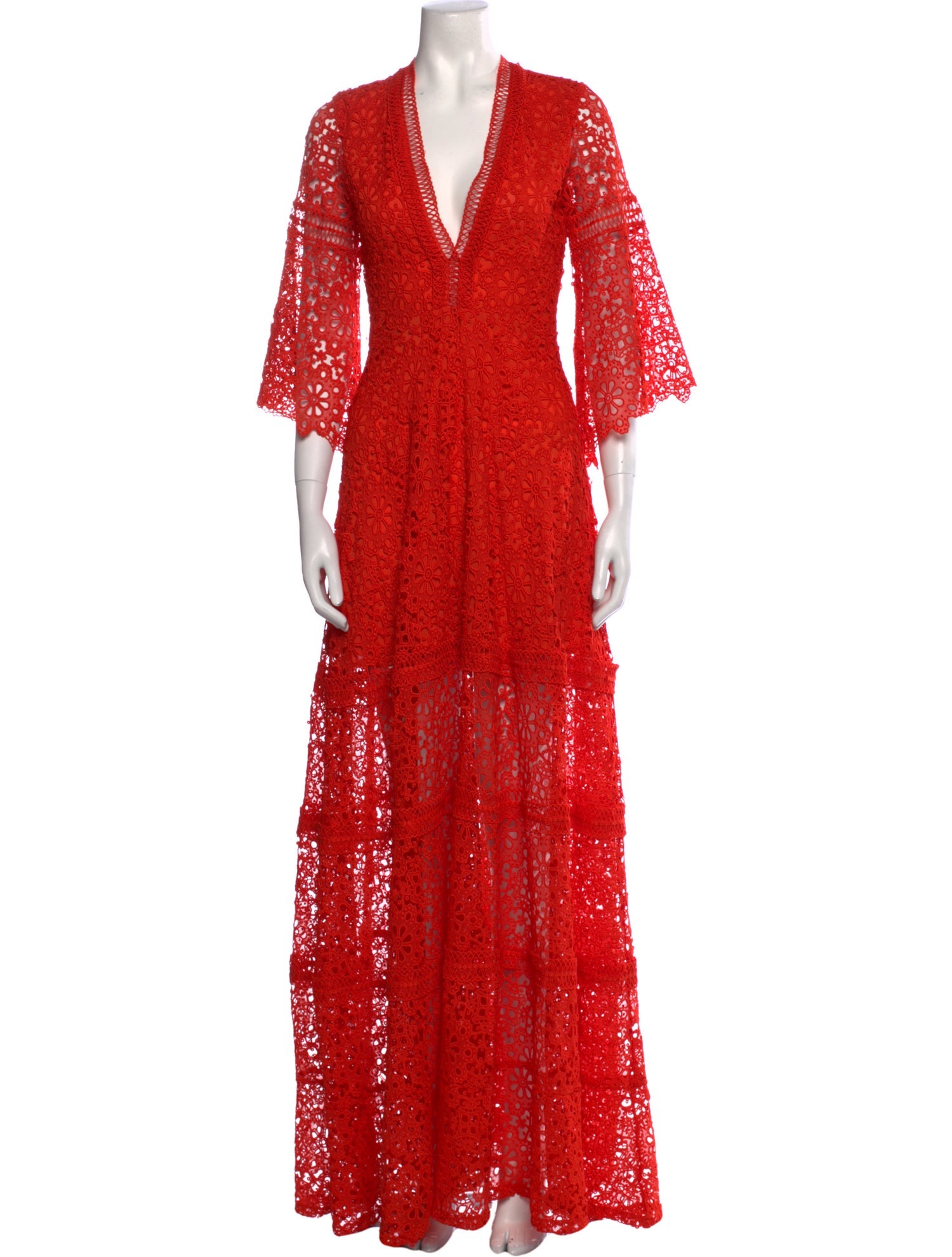 【新品】　Emboridered Lace Back Dress Giamba Lace Pattern Long Dress - Red Dresses, Clothing - GMB22267