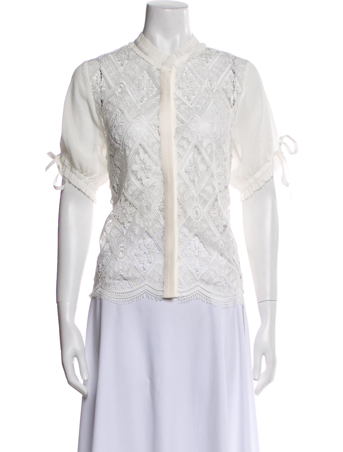 Alexis Lace Pattern Mock Neck Button-Up Top